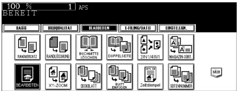 100 % 1 APS BEREIT BASIS BILDQUALITAT BEARBEITEN E-FILING/DATE EINSTELIGN. RANDOVERCATZ RANDLOSSHUNG BUCHMITTE LOSCHEN DOPPELSEITE 2IN1/4IN1 MAGAZIN-SORT. BEARBETEN XY-ZOOM DECKBLATT BLATT EINFÜGEN Zeitstempel SEITENNUNMER NACH