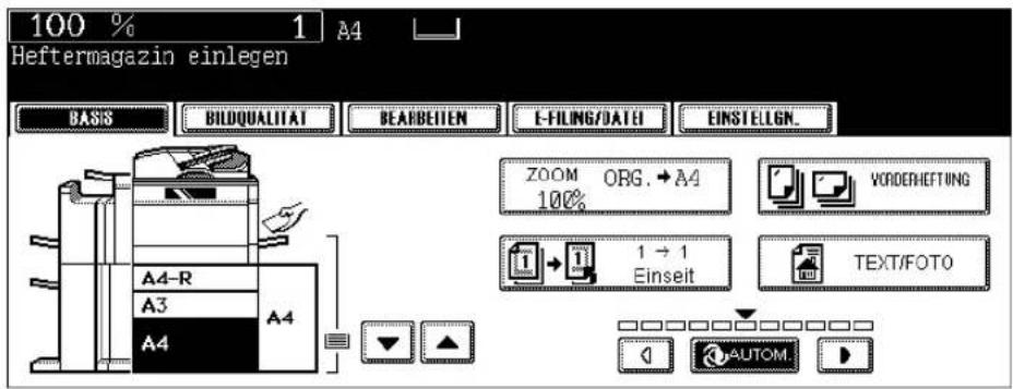 100 % 1 A4 Heftermagazin einlegen BASIS BILDQUALITAT BEARBEITEN E-FILING/DATE EINSTELGN. A4-R A3 A4 ZOOM ORG.→A4 100% VORDERHEFTUNG 1 → 1 Einseit TEXT/FOTO AUTOM