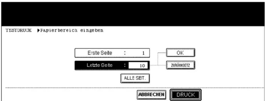 TESTDRUCK ▶Papierbereich eingeben Erste Seite : 1 Letzte Seite : 10 OK ZURÜCKSET2 ALLE SET. ABBRECHEN DRUCK