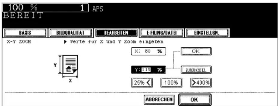 100 % 1 APS BEREIT BASIS BILDQUALITAT BEARBEITEN E-FILING/DATEI EINSTELGN. X-Y ZOOM ▶ Werte für X und Y Zoom eingeben X: 80 % OK Y: 115 % ZUFÖCKS-12. 25% < 100% >400% ABBRECHEN OK