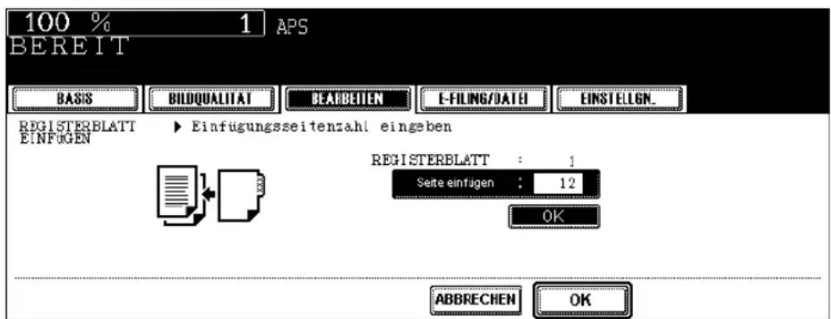 100 % 1 APS BEREIT BASIS BILDQUALITAT BEARBEITEN E-FILING/DATEI EINSTELLGN. REGISTERBLATT EINFÜGEN ► Einfügungsseitenzahl eingeben REGISTERBLATT : 1 Seite einfügen : 12 OK ABBRECHEN OK