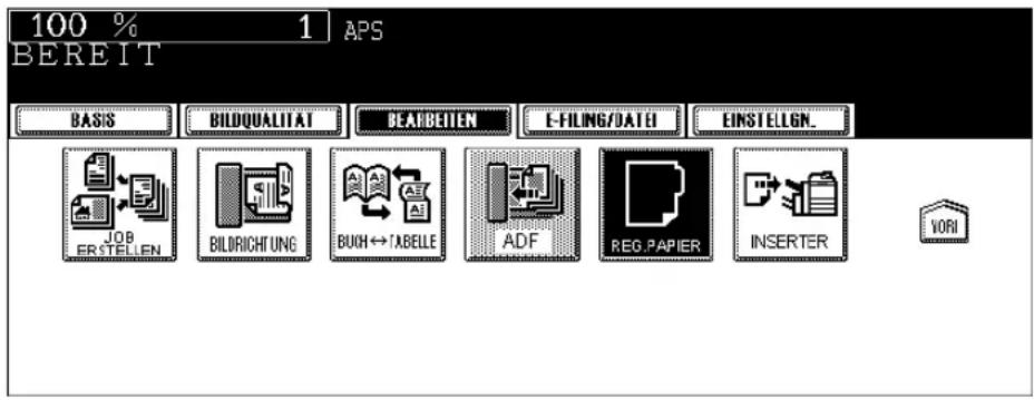 100 % 1 APS BEREIT BASIS BILDQUALITAT BEARBEITEN E-FILING/DATEI EINSTELLEN. JOB ERSTELLEN BILDRICHTUNG BUCH↔'ABELLE ADF REG.PAPIER INSERTER VORI