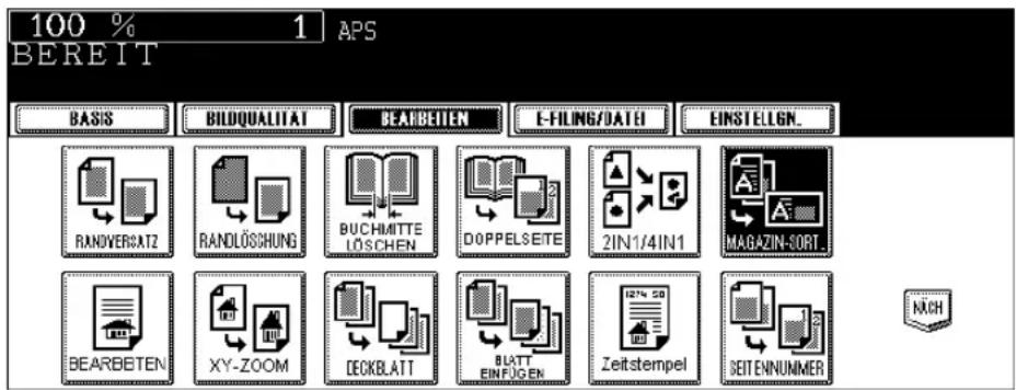 100 % 1 APS BEREIT BASIS BILDQUALITAT BEARBEITEN E-FILING/DATEI EINSTELGN. RANDOVERAT2 RANDLOSSHUNG BUCHMITTE LÖSCHEN DOPPELSEITE 2IN1/4IN1 MAGAZIN-SORT. BEARBEITEN XY-ZOOM DECKBLATT BLATT EINFÜGEN Zeitstempel SEITENNUMMER NACH
