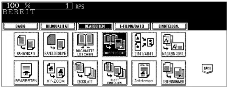 100 % 1 APS BEREIT BASIS BILDQUALITAT BEARBEITEN E-FILING/DATE EINSTELIGN. RANDOVERCATZ RANDLOSSUNG BUCHMITTE LOSCHEN DOPPELSETE 2IN1/4IN1 MAGAZIN-SORT. BEARBETEN XY-ZOOM DECKBLATT BLATT EINFÜGEN Zeitstempel SEITENNUMMER NACH
