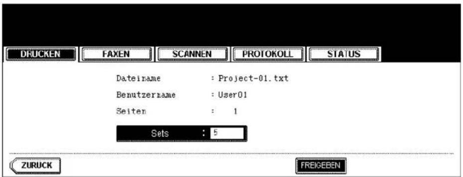 DRUCKEN FAXEN SCANNEN PROTOKOLL STATUS Dateiname : Project-01.txt Benutzername : User01 Seiten : 1 Sets : 5 ZURUCK FREIGEBEN