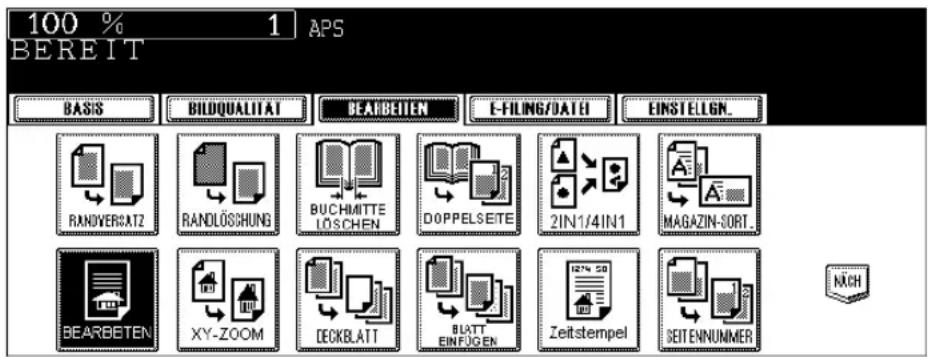 100 % 1 APS BEREIT BASIS BILDQUALITAT BEARBEITEN E-FILING/DATE EINSTELGN. RANDVERSATZ RANDLOSCHUNG BUCHMITTE LOSCHEN DOPPELSEITE 2IN1/4IN1 MAGAZIN-SORT. BEARBETEN XY-ZOOM DECKBLATT BLATT EINFÜGEN Zeitstempel SEITENNUMMER NACH