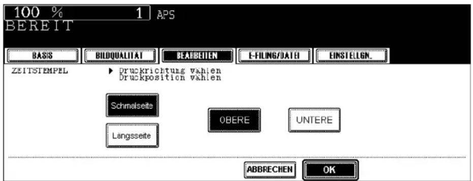 100 % 1 APS BEREIT BASIS BILDQUALITAT BEARBEITEN E-FILING/DATE EINSTELIGN. ZEITSTEMPEL ▶ Druckrichtung vahlen Druckposition vahlen Schmelseite OBERE UNTERE Langsseite ABBRECHEN OK