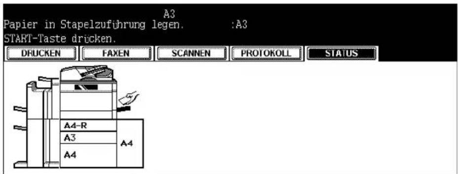 A3 Papier in Stapelzuführung legen. :A3 START-Taste drücken. DRUCKEN FAXEN SCANNEN PROTOKOLL STATUS A4-R A3 A4 A4-R
