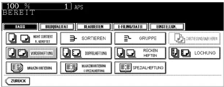 100 % 1 APS BEREIT BASIS BILDQUALITAT BEARBEITEN E-FILING/DATEI EINSTELGN. NIGHT SORTIERT R. GEHEFET SORTIEREN GRUPPE VORDERHEFTUNG DOPFELHEFTUNG RÜCKEN HEFTEN LOCHUNG MAGAZIN-SORTIERUNG MJGAZIN/SORTIERUNG SPEZIALHEFTUNG ZURUCK