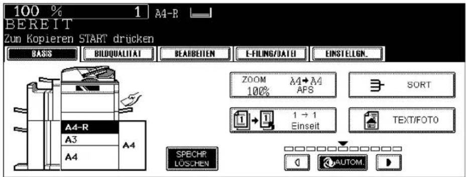 100 % 1 A4-R BEREIT Zun Kopieren START drücken BASIS BILDQUALITAT BEARBEITEN E-FILING/DATEI EINSTELGN. A4-R A3 A4 SPECHR LÖSCHEN ZOOM A4→A4 100% APS SORT 1 → 1 Einseit TEXT/FOTO AUTOM