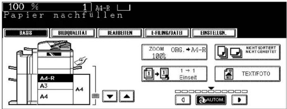 100 % 1 A4-R Papier nachfüllen BASIS BILDQUALITAT BEARBEITEN E-FILING/DATE EINSTELGN. ZOOM ORG.→A4-R 100% NICHTSORTERT NICHTGEHEETET 1 → 1 Einseit TEXT/FOTO A4-R A3 A4 AUTOM
