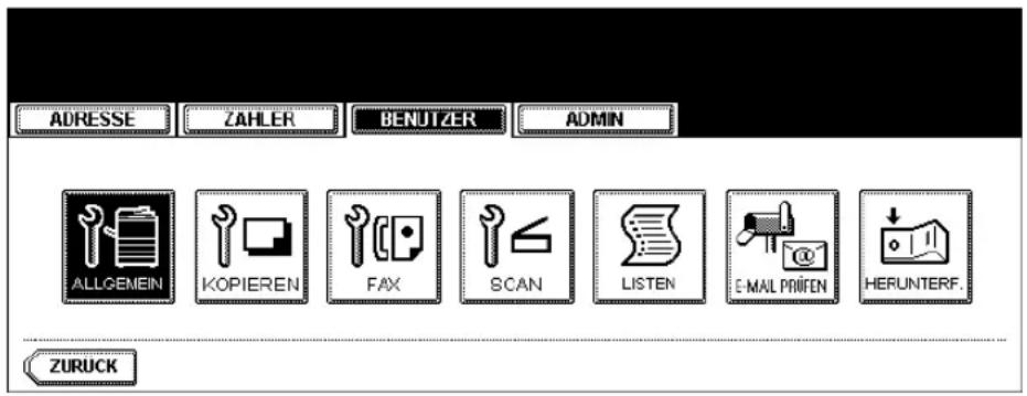 ADRESSE ZAHLER BENUTZER ADMIN ALLGEMEIN KOPIEREN FAX SCAN LISTEN E-MAIL PRIFEN HERUNTERF. ZURUCK