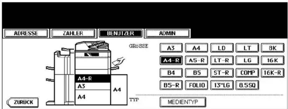 ADRESSE ZAHLER BENUTZER ADMIN GROSSE A3 A4 LD LT BK A4-R A5-R LT-R LG 16K B4 B5 ST-R COMP 16K-R B5-R FOLIO 13"LG 8.5SQ TYP MEDIENTYP ZURUCK