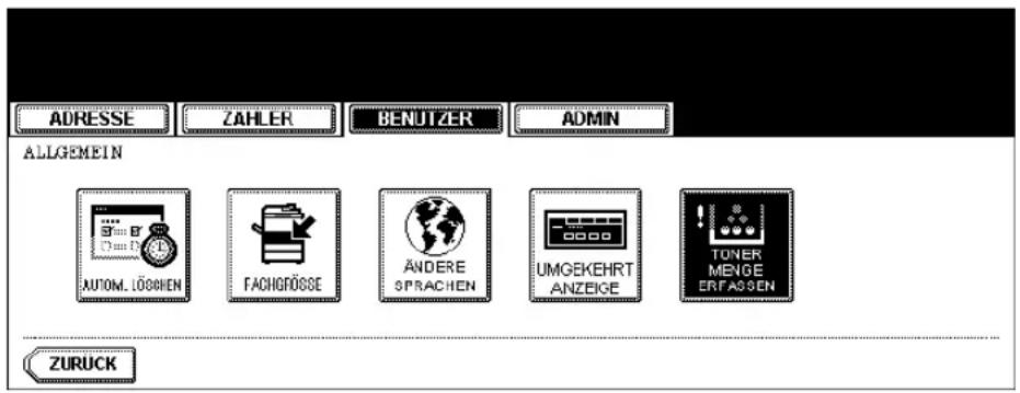 ADRESSE ZAHLER BENUTZER ADMIN ALLGEMETIN AUTOM., LÖGRIEN FACHGRÖSSE ÄNDERE SPRACHEN UMGEKEHRT ANZEIGE TONER MENGE ERFASSEN ZURUCK