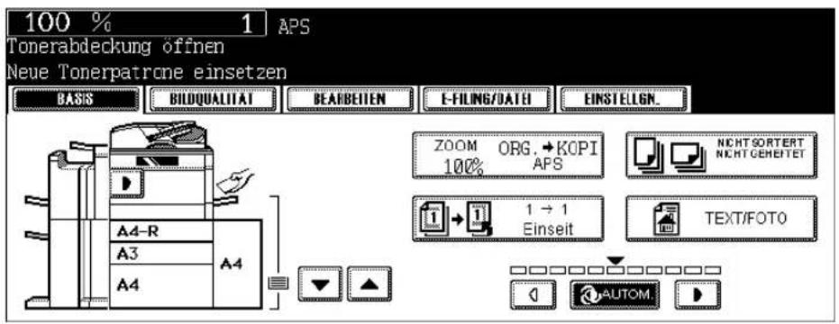 100 % 1 APS Tonerabdeckung öffnen Neue Tonerpatrone einsetzen BASIS BIDQUALITAT BEARBEITEN E-FILING/DATE EINSTELIGN. A4-R A4 A3 A4 ZOOM ORG.→KOPI 100% APS NICHT SORTERT NICH TOMEETET 1 → 1 Einseit TEXT/FOTO AUTOM