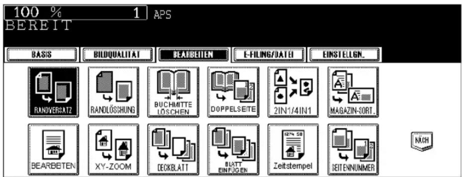 100 % 1 APS BEREIT BASIS BILDQUALITAT BEARBEITEN E-FILING/DATE EINSTELGEN. RANDVERSAT2 RANDLÖSSHUNG BUCHMITTE LOSCHEN DOPPELSEITE 2IN1/4IN1 MAGAZIN-SORT... BEARBEITEN XY-ZOOM DECKBLATT BLATT EINFÜGEN Zeitstempel SEITENNUMMER NACH