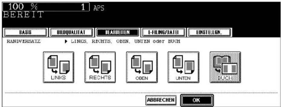 100 % 1 APS BEREIT BASIS BILDQUALITAT BEARBEITEN E-FILING/DATEI EINSTELLGN. RANDVERSATZ ➤ LINKS, RECHTS, OBEN, UNTEN oder BUCH LINKS RECHTS OBEN UNTEN BUCH ABBRECHEN OK