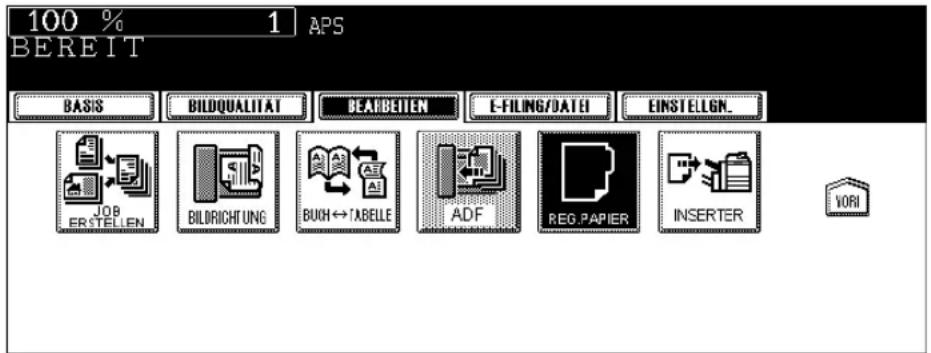 100 % 1 APS BEREIT BASIS BILDQUALITAT BEARBEITEN E-FILING/DATE EINSTELLEN JOB ERSTELLEN BILDRICHTUNG BUCH↔TABELLE ADF REG.PAPIER INSERTER VORI