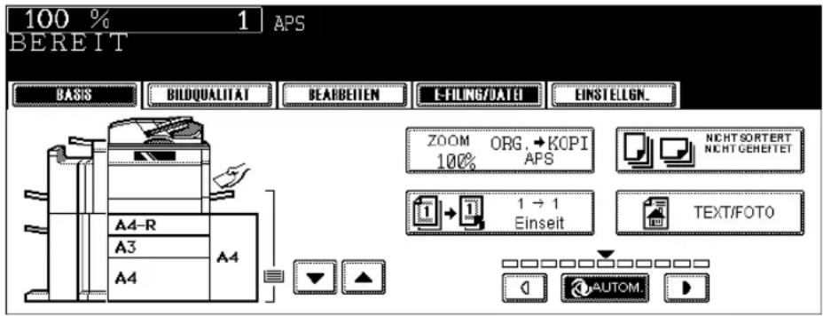 100 % 1 APS BEREIT BASIS BILDQUALITAT BEARBEITEM E-FILUNG/DATA EINSTELIGN_ A4-R A4 A3 A4 ZOOM ORG.→KOPI 100% APS NichtSORTERT NichtGEHEETET 1 → 1 Einseit TEXT/FOTO AUTOM