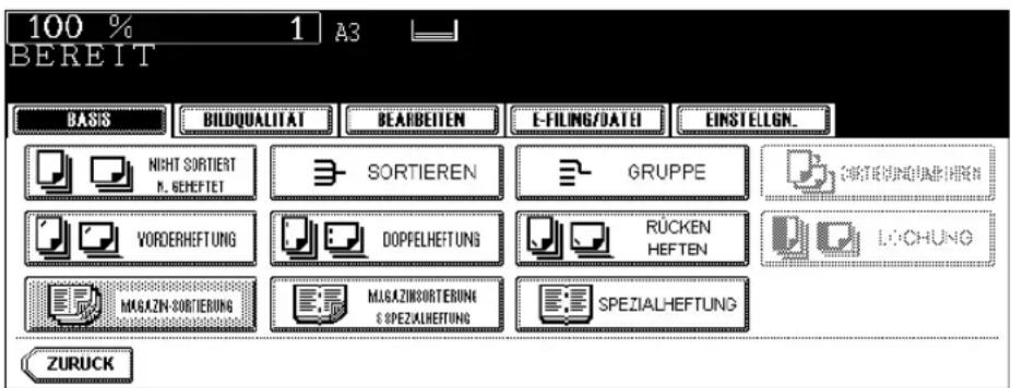100 % BEREIT BASIS BILDQUALITAT BEARBEITEM E-FILING/DATE EINSTELGN. NIGHT SORTIERT R. GEHEFTET SORTIEREN GRUPPE VORDERHEFTUNG DOPFELHEFTUNG RUCKEN HEFTEN LOCHUNG MAGAZIN-SORTIERUNG MAGAZIN/SORTIERUNG SPEZIALHEFTUNG ZURUCK
