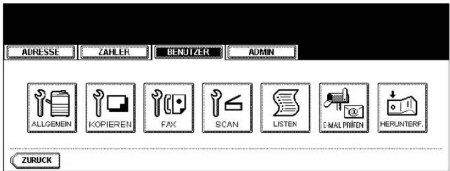 ADRESSE ZAHLER BENUTZER ADMIN ALLGEMEIN KOPIEREN FAX SCAN LISTEN E-MAIL PRIIEN HERUNTERF. ZURUCK
