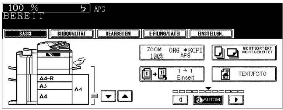 100 % 5 APS BEREIT BASIS BIDQUALITAT BEARBEITEN E-FILING/DATE EINSTELGN. ZOOM ORG.→KOPI 100% APS NICT SORTERT NICT GEHEFTET 1 → 1 Einseit TEXT/FOTO A4-R A4