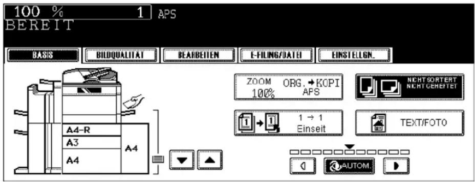 100 % 1 APS BEREIT BASIS BILDQUALITAT BEARBEITEN E-FILING/DATEI EINSTELGN. ZOOM ORG →KOPI 100% APS NICHTSORTERT NichtGERETTEI 1 → 1 Einseit TEXT/FOTO A4-R A3 A4