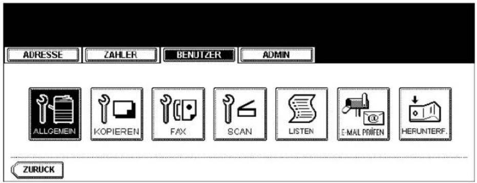 ADRESSE ZAHLER BENUTZER ADMIN ALLGEMEIN KOPIEREN FAX SCAN LISTEN E-MAIL PRIFEN HERUNTERF. ZURUCK
