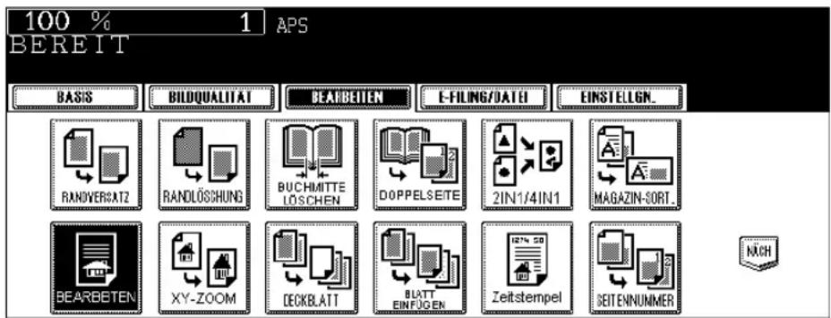 100 % 1 APS BEREIT BASIS BILDQUALITAT BEARBEITEN E-FILING/DATE EINSTELGN. RANDVERCATZ RANDLOSSHUNG BUCHMITTE LÖSCHEN DOPPELSEITE 2IN1/4IN1 MAGAZIN-SORT. BEARBEITEN XY-ZOOM DECKBLATT BUATT EINFÜGEN Zeitstempel SEITENNUMMER NACH