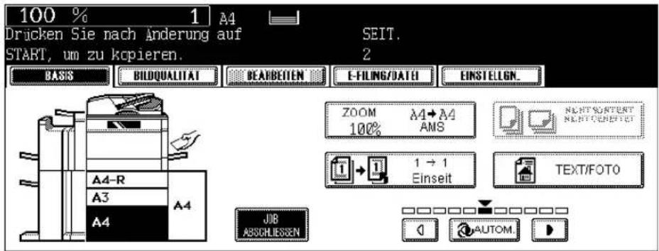 100 % 1 A4 Drücken Sie nach Änderung auf SEIT. START, um zu kopieren. 2 BASIS BILDQUALITAT DEARBEITEN E-FILING/DATEI EINSTELGN. A4-R A4 A3 A4 ZOOM A4+A4 100% AMS 1 + 1 Einseit TEXT/FOTO JOB ABSCHLIESSEN AUTOM.