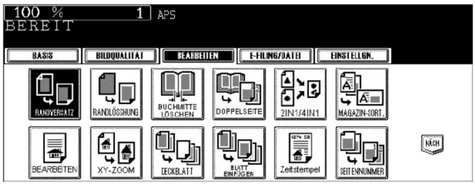 100 % 1 APS BEREIT BASIS BILDQUALITAT BEARBETEN E-FILING/DATE EINSTELGN. RANDVERSATZ RANDLOSCHUNG BUCHMITTE LÖSCHEN DOPPELSEITE 2IN1/4IN1 MAGAZIN-SORT. BEARBETEN XY-ZOOM DECKBLATT BLATT EINFÜGEN Zeitstempel SEITENNUMMER NÄCH