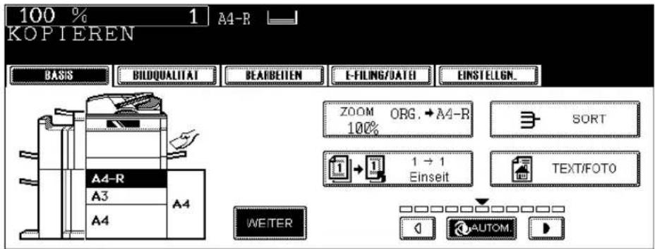 100 % 1 A4-R KOPIEREN BASIS BIDQUALITAT BEARBEITEN E-FILING/DATE EINSTELGN. A4-R A3 A4 ZOOM ORG.→A4-R 100% SORT 1 → 1 Einseit TEXT/FOTO WEITER AUTOM