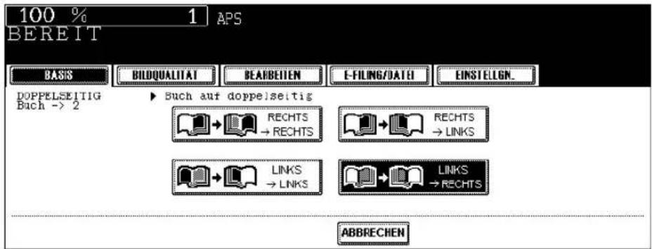 100 % 1 APS BEREIT BASIS BILDQUALITAT BEARBEITEM E-FILING/DATEI EINSTELIGN_ DOPPELEEITIG Buch -> 2 ► Buch auf doppelseitig RECHTS → RECHTS RECHTS → LINKS LINKS → LINKS LINKS → RECHTS ABBRECHEN