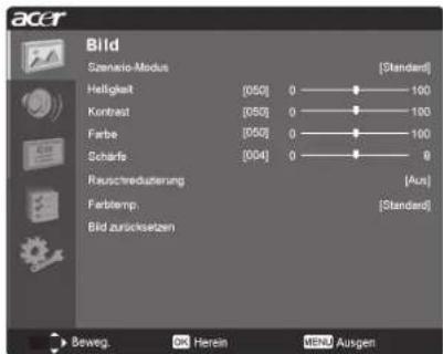 Bild Scenario-Modus [Standard] Helligkeit [050] 0 - 100 Kontext [050] 0 - 100 Farbe [050] 0 - 100 Scharls [004] 0 - 0 Rauschreduzierung [Auz] Farblemp. [Standard] Bild zursücksetzen Boweg. OK Herein WEND Ausgen