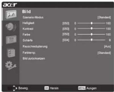 Bild Scenario-Modus Helligkeit [050] 0 —— 100 Kontrast [050] 0 —— 100 Farbe [050] 0 —— 100 Scharfs [054] 0 —— 8 Rauschreduzierung Farblemp. Bild zurschsetzen [Standard] [Aus] [Standard] Beveg. OK Herein MENU Ausgen