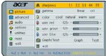 acer picture advanced audio options utilities reset exit sharpness 11 22 33 44 55 gamma linear crit color cool natural warm user user red -123- user green -123- user blue -123- Graph/Text Graph Text exit Wd = Wd Hz Hd/Wd KHz ACER/ACER