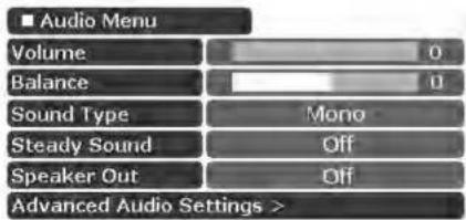 Audio Menu Volume 0 Balance 0 Sound Type Mono Steady Sound Off Speaker Out Off Advanced Audio Settings >