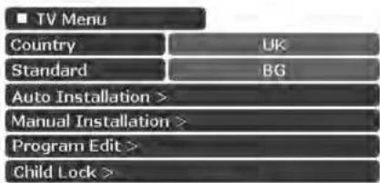 TV Menu Country UK Standard BG Auto Installation > Manual Installation > Program Edit > Child Lock >