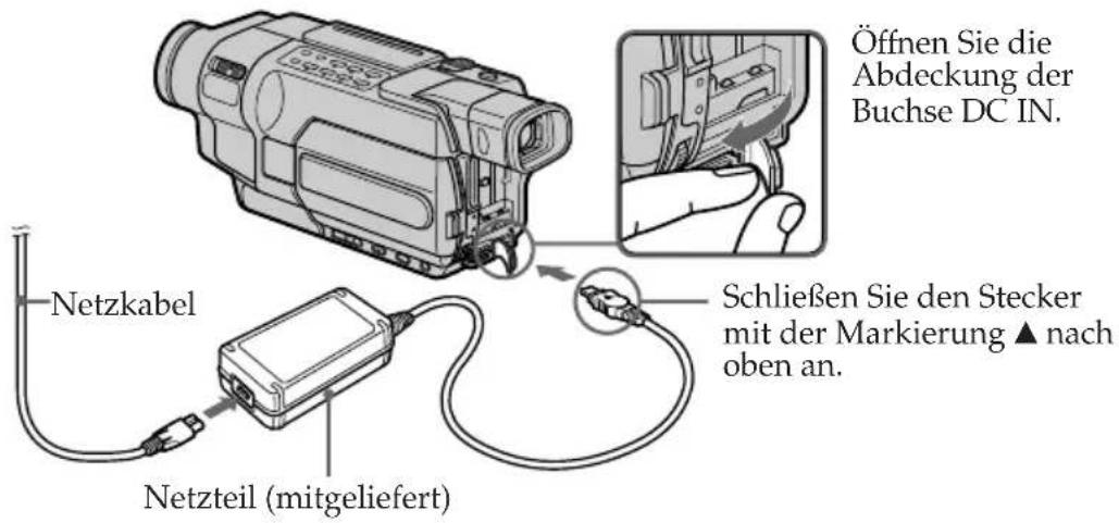 Netzkabel Netzteil (mitgeliefert) Öffnen Sie die Abdeckung der Buchse DC IN. Schließen Sie den Stecker mit der Markierung ▲ nach oben an.