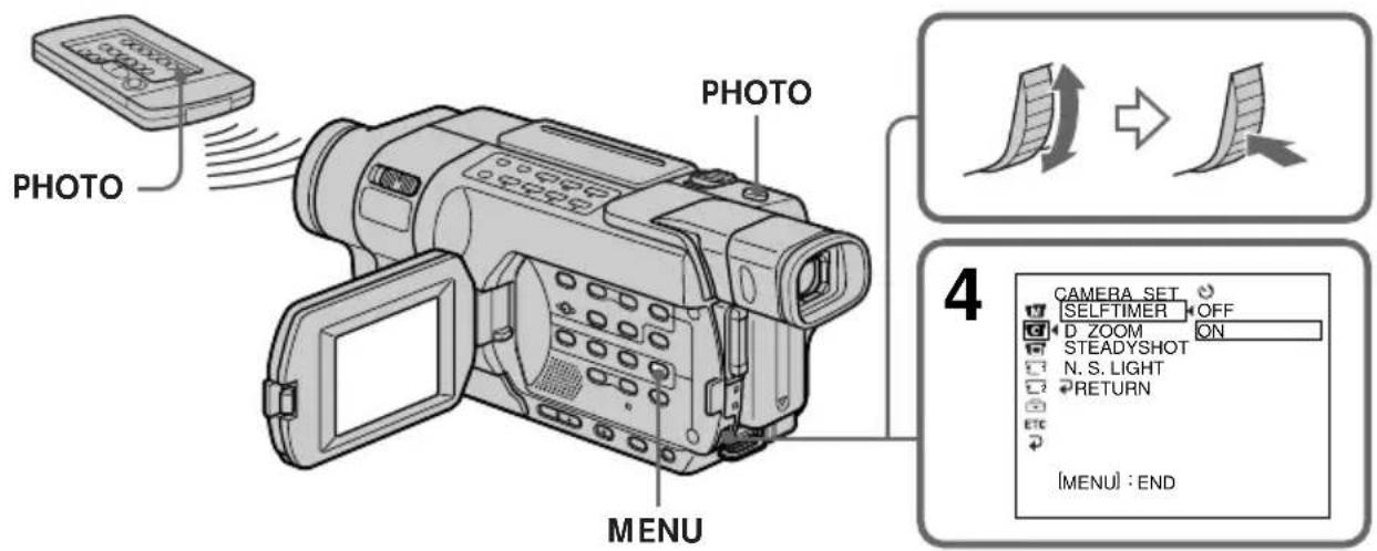 PHOTO PHOTO MENU 4 CAMERA_SET SELFTIMER OFF D ZOOM ON STEADYSHOT N. S. LIGHT RETURN [MENU] : END