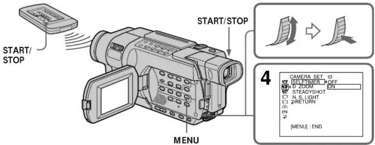 START/ STOP START/STOP MENU CAMERA SET SELFTIMER OFF D ZOOM ON STEADYSHOT N. S. LIGHT RETURN [MENU] : END