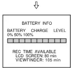 BATTERY INFO BATTERY CHARGE LEVEL 0% 50% 100% REC TIME AVAILABLE LCD SCREEN: 80 min VIEWFINDER: 105 min