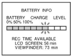 BATTERY INFO BATTERY CHARGE LEVEL 0% 50% 100% REC TIME AVAILABLE LCD SCREEN: 56 min VIEWFINDER: 73 min