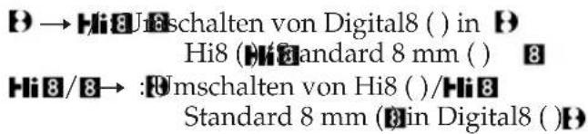 B → Hi8 Umschalten von Digital8 ( ) in B Hi8 (H/Standard 8 mm ( ) 8 Hi8/8 → :Umschalten von Hi8 ( )/Hi8 Standard 8 mm (B in Digital8 ( )B