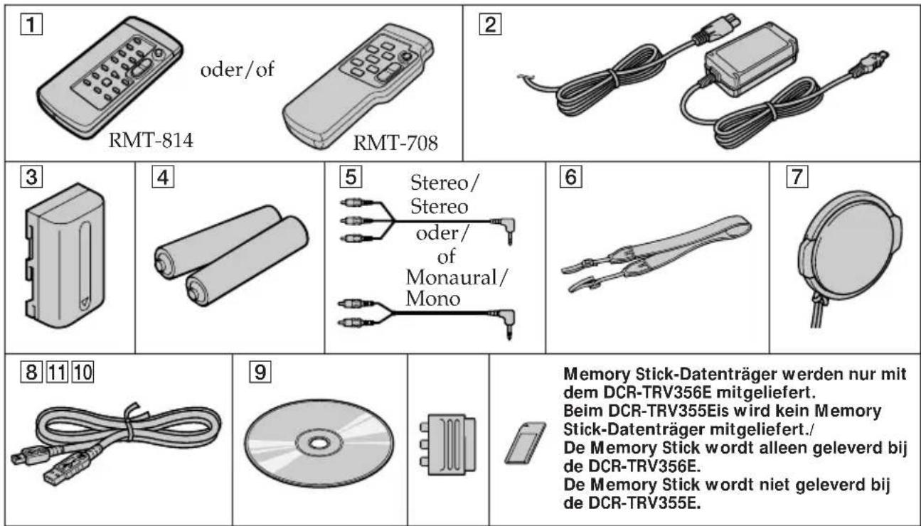 1 oder/of RMT-814 RMT-708 2 3 4 5 Stereo/ Stereo oder/ of Monaural/ Mono 6 7 8 11 10 9 Memory Stick-Datenträger werden nur mit dem DCR-TRV356E mitgeliefert. Beim DCR-TRV355Eis wird kein Memory Stick-Datenträger mitgeliefert./ De Memory Stick wordt alleen geleverd bij de DCR-TRV356E. De Memory Stick wordt niet geleverd bij de DCR-TRV355E.