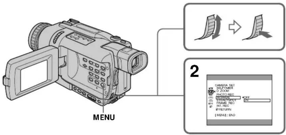 MENU CAMERA SET SELFTIMER D ZOOM PHOTO REC 16:SWIDE OFF STEAD/SPOT DV FRAME REC INT. REC RETURN [ MENU ] : END