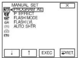 MANUAL SET PROGRAM AE P EFFECT FLASH MODE FLASH LVL AUTO SHTR ↓ ↑ EXEC RET.
