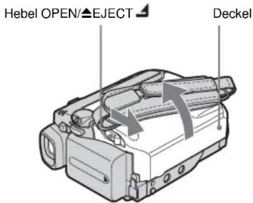 SONY DCR-HC16 - Schieben Sie den Hebel OPEN/▲EJECT in Pfeilrichtung und öffnen Sie den Deckel. - 1