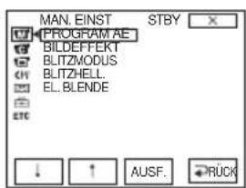 MAN. EINST STBY PROGRAM AE BILDEFFERT BLITZMODUS BLITZHELL. EL.BLENDE ETC ↓ ↑ AUSF. RÜCK