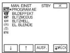 MAN. EINST PROGRAM AE BILDEFFEKT BUTZMODUS BUTZHELL. EL. BLENDE ETC ↓ ↑ AUSF. STBY RÜCK